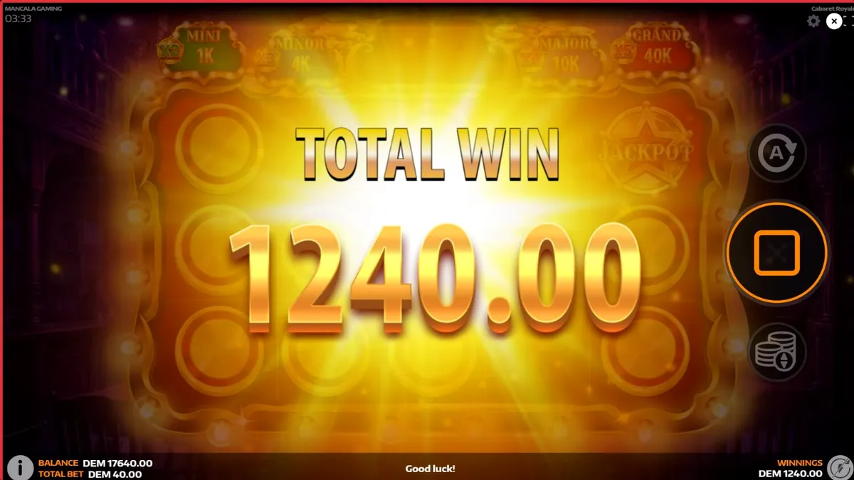 Interface do jogo de slot Cabaret Royale com elementos de luxo e cabaret