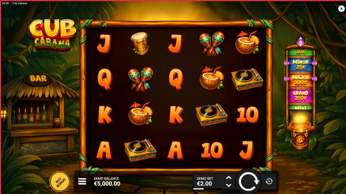 Interface colorida e tropical do slot Cub Cabana com símbolos de festa e selva
